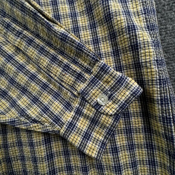 VTG LL Bean Textured Yellow Blue Plaid Long Sleeve Button Up Shirt Medium Cotton - Picture 10 of 15